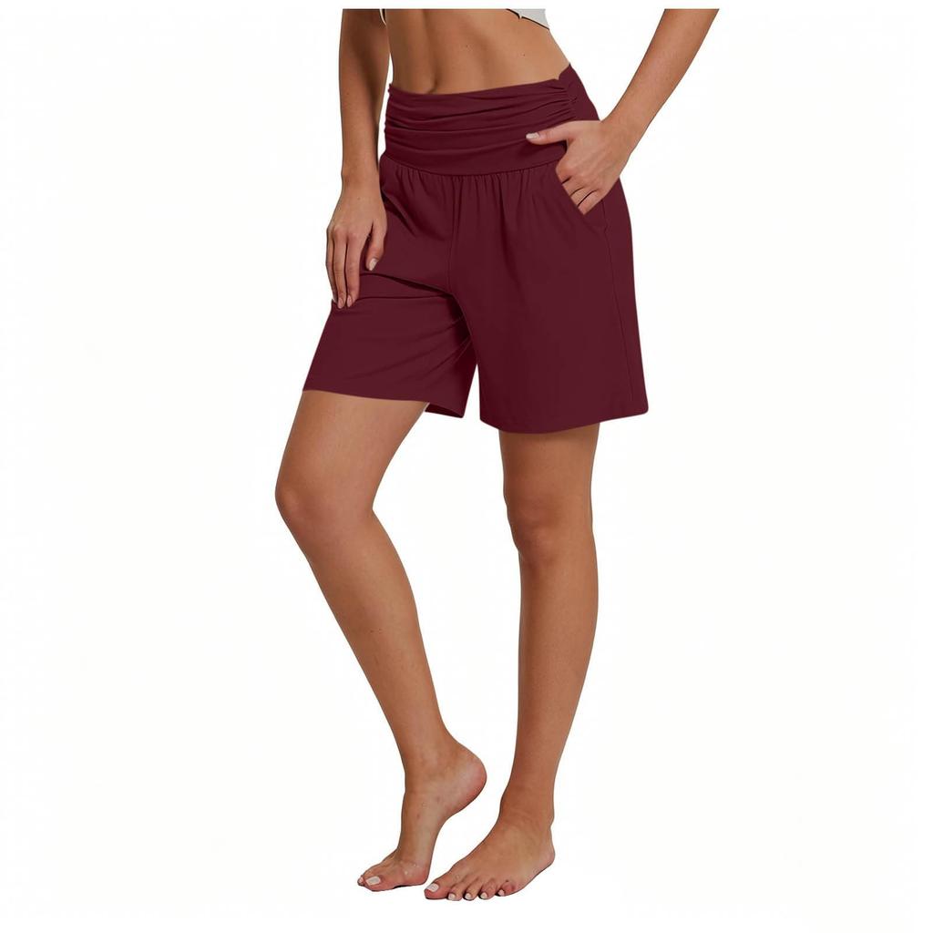 Women's Casual High Waist Elastic Shorts with Pockets Comfortable Lightweight Soft Fabric Mid Length Lounge Shorts for Daily Wear
