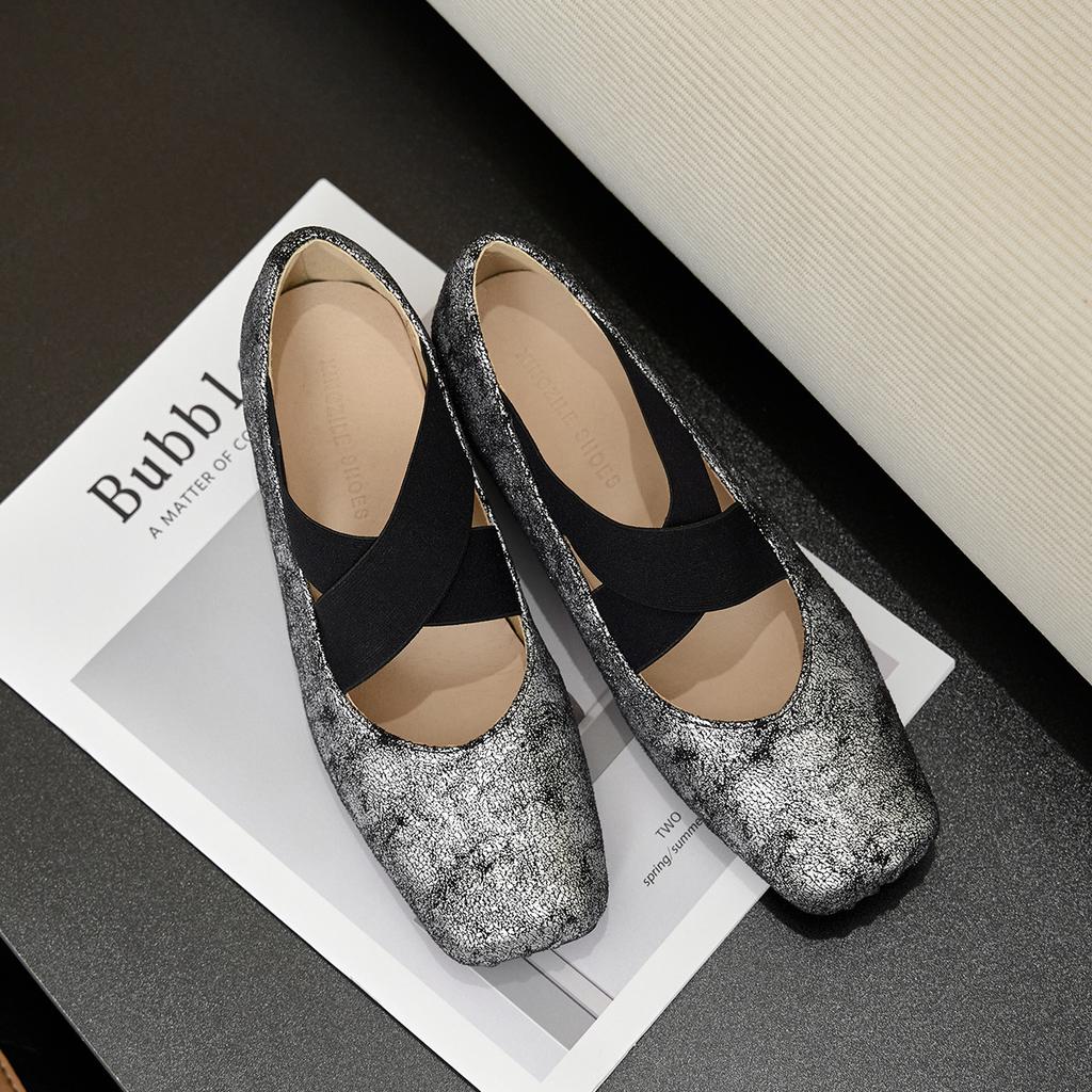 Single Shoes Women's Leather Ballet Shoes Women's Mary Jane Shoes Mid-heel Cross with Square Head Retro Light Mouth Thick Heel Soft Sole Dance