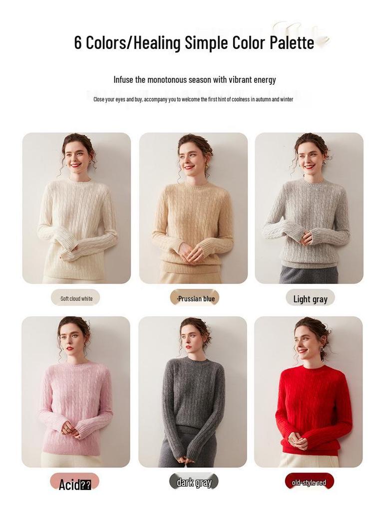 Women's Seven-Stitch Round Neck Cashmere Sweater - Solid Color Pullover, Elegant & Casual Long Sleeve Warm Base Layer