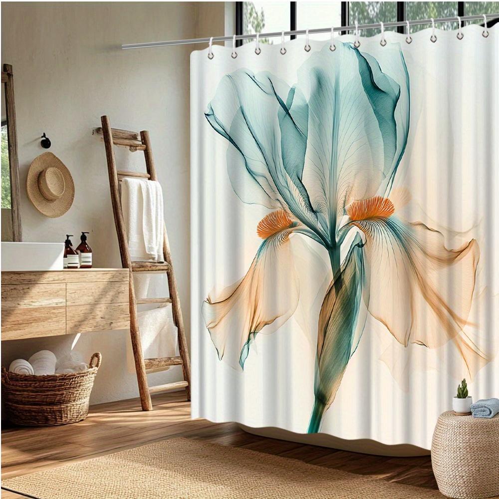 Elegant Iris Flower Shower Curtain, Light Blue & Orange Design, Fade-Resistant Polyester,Bath Decor