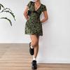 Damen Sommer Sexy Blumen bestickt V-Ausschnitt Farbe Kontrast Rand A-Linie Kleid