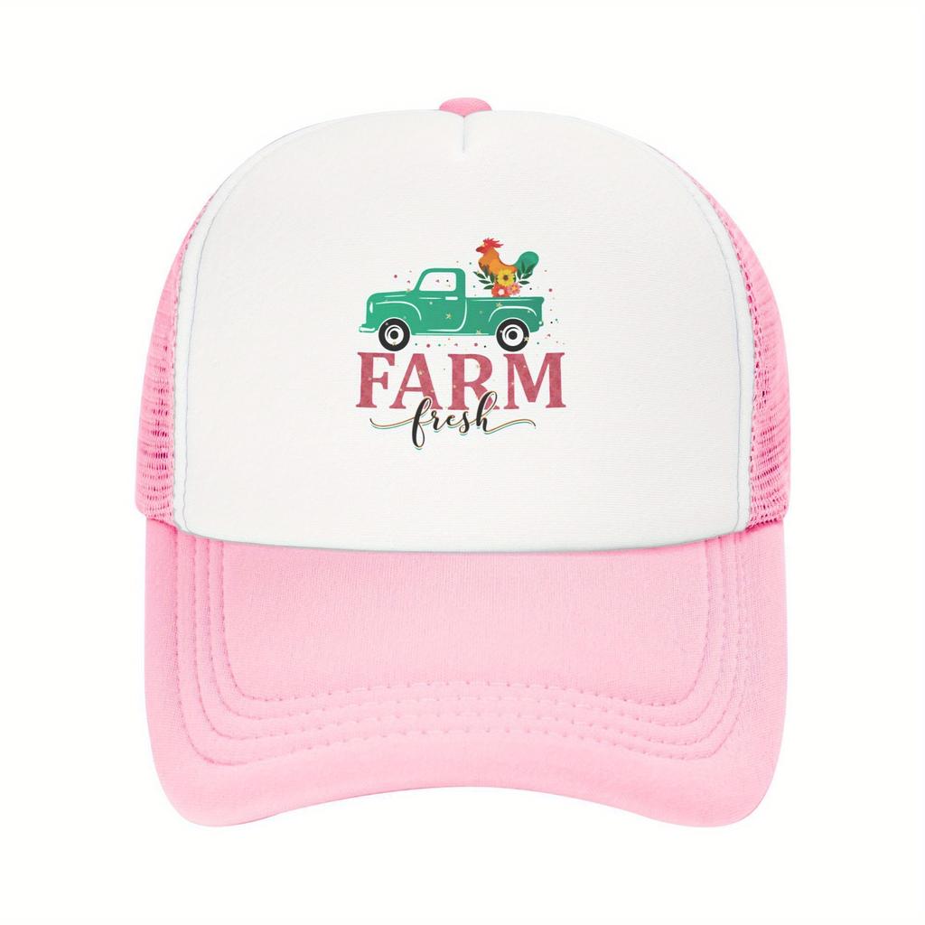 Farm Fresh Truck Rooster Graphic Trucker Hat Polyester Mesh Breathable Casual Unisex Cap