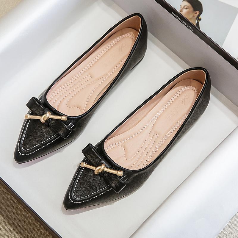 Women's Flat Shoes Beige Pointed Toe with Bow Office Ladies Footwear 2025 New Offers Walking Y2k Fashion Designer Luxury Trends