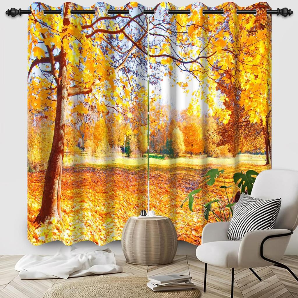 Orange Yellow Leaves Curtain Fall Scenery Forest Trees Window Drapes Panels Set Patio Office Living Room Curtains Light Blocking Polyester Great Decor
