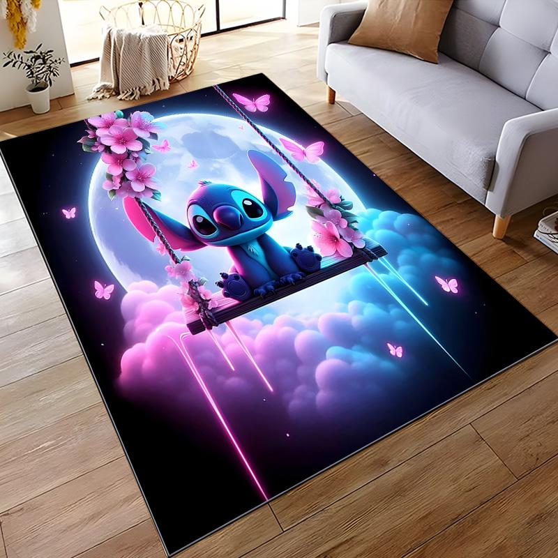 Runner Rug Stitch Sitting on Swing Among Cherry Blossoms with Pink Moon Clouds Cute Cartoon Home Decor Bedroom Living Room
