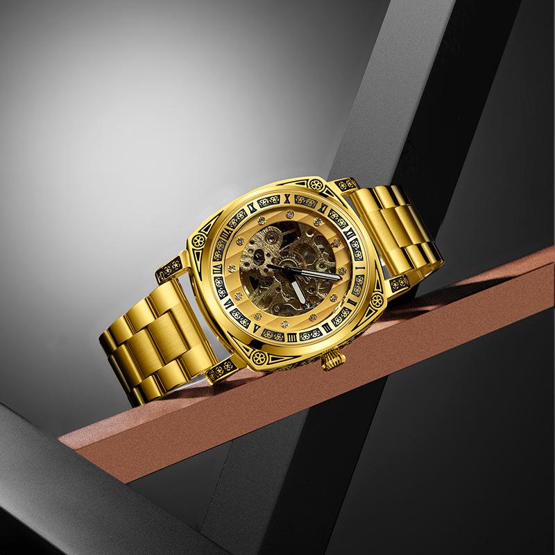 Fully Automatic Mechanical Tide Watch Fashion Engraved Diamond-Encrusted Steel Belt Belt Luminous Waterproof Men'S And Women'S Watch