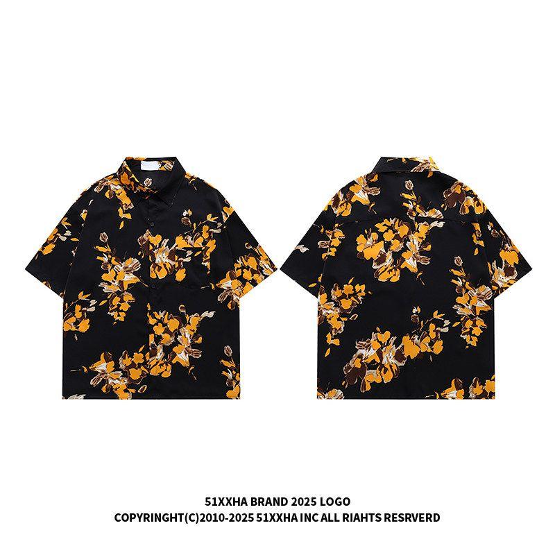 51 Hip-hop Retro Design Floral Full Print Short Sleeve Shirts Men's and Women's Summer Ice Silk Cool Feeling Loose Casual Shirt