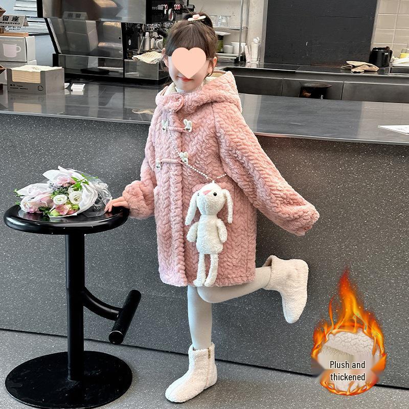 2025 Girls' Fleece-Lined Lamb's Wool Coat: Thick, Stylish Winter Wear for Children