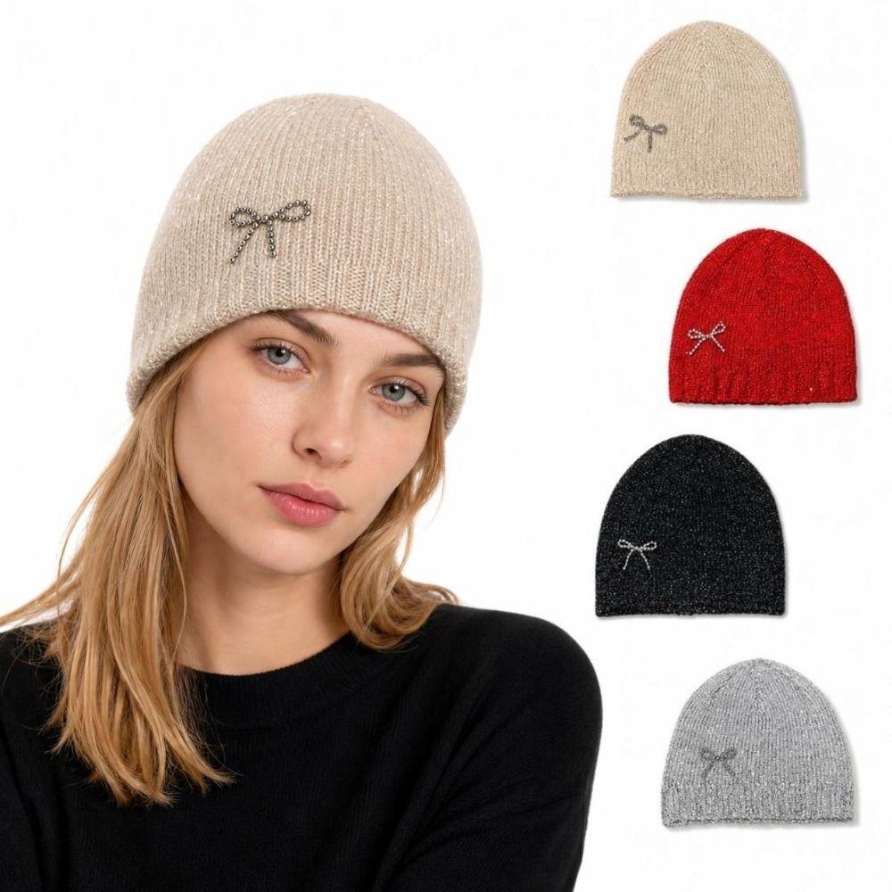 Rhinestone Bow Decor Skull Cap Hat Lightweight Warm Lining Sparkly Beanie Hat  Daily Wear