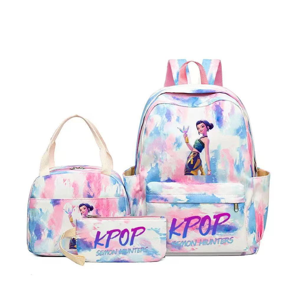 KPOP Dämonenjägerin Girlgroup Rucksack, Brotdose & Federmäppchen Set - Anime Schultasche & Bento Box Kombi