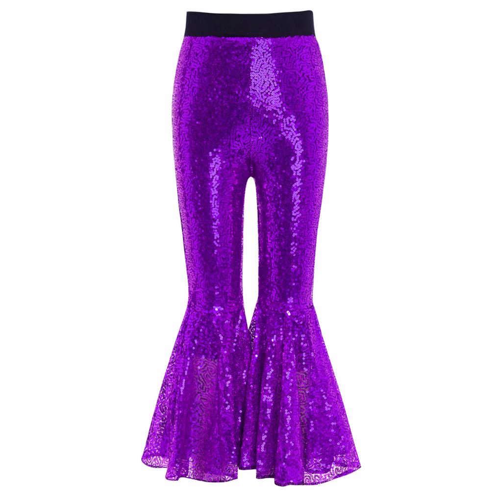 Girls Dance Performance Shiny Sequins Flared Pants Elastic Waistband Bell Bottom Trousers