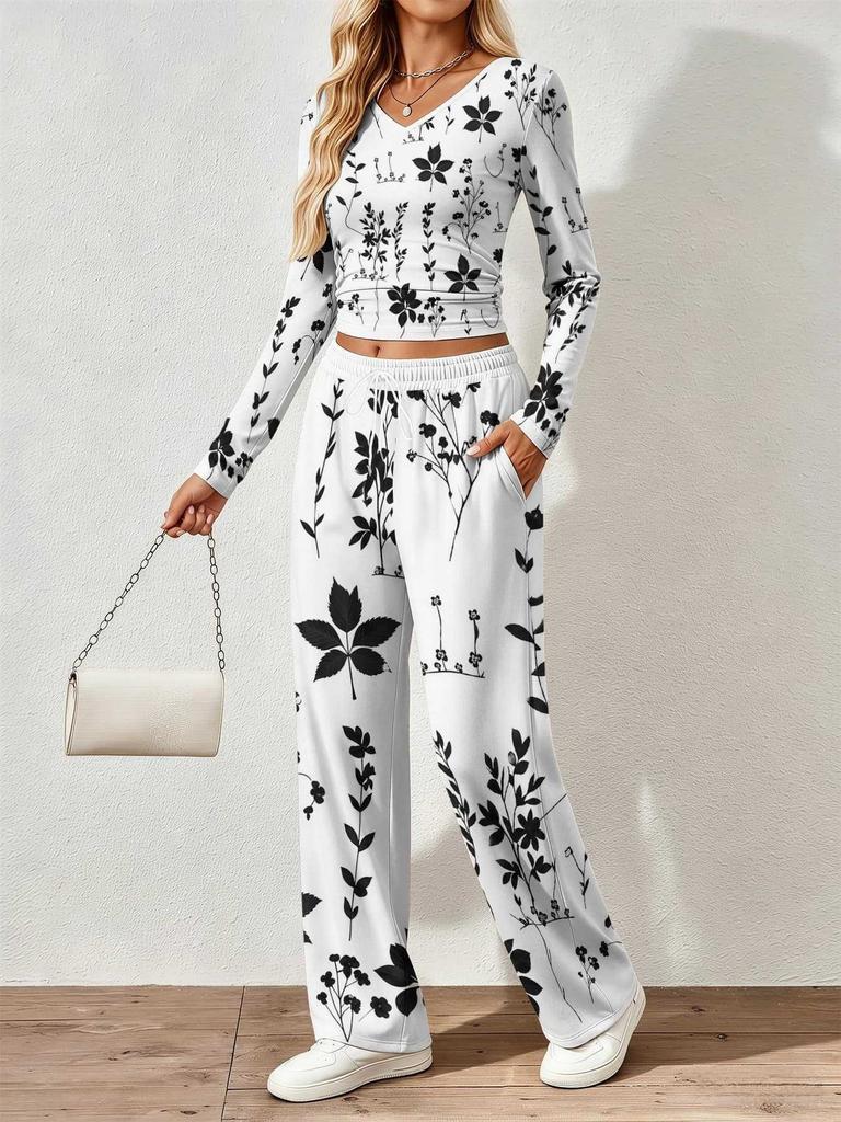 Spring and Autumn Ladies V-Neck Long Sleeve Pants Set Comfortable Casual Versatile Slim Two-piece Set