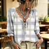Women's V Neck Ruffle Blouse with Plaid Print and Tie for Casual Wear