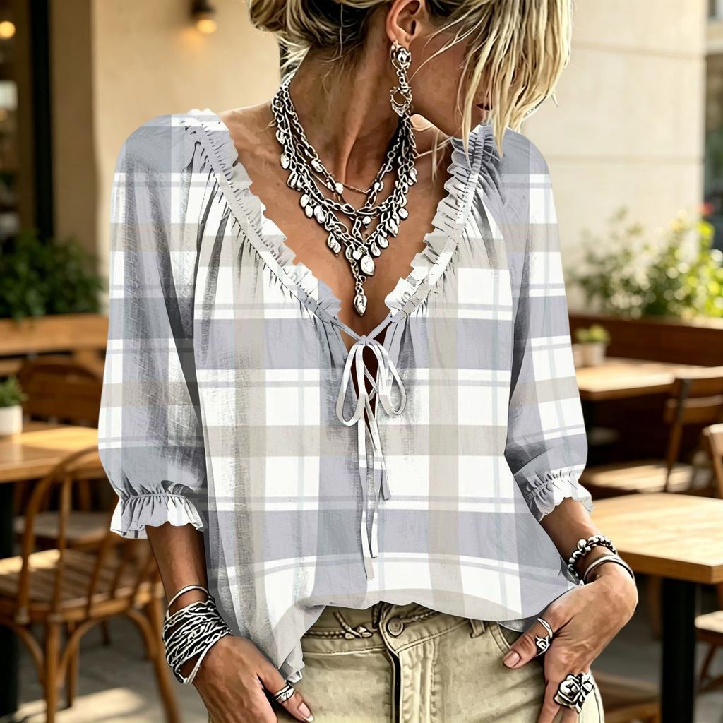 Women's V Neck Ruffle Blouse with Plaid Print and Tie for Casual Wear