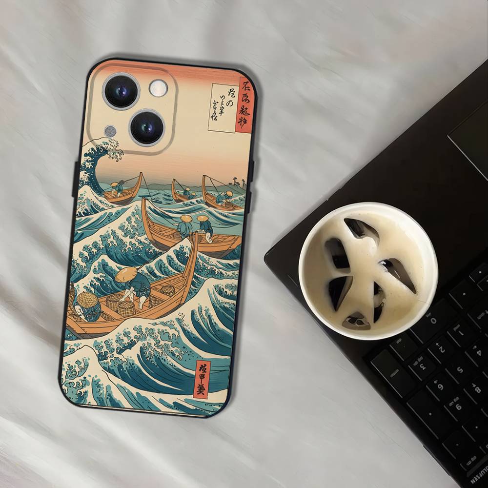 Japan Style Ukiyo-e Phone Case For iPhone 17,16,15,14,13,12,11,Pro,XS,Max,XR,Plus,E,SE4,Mini Black Soft Cover