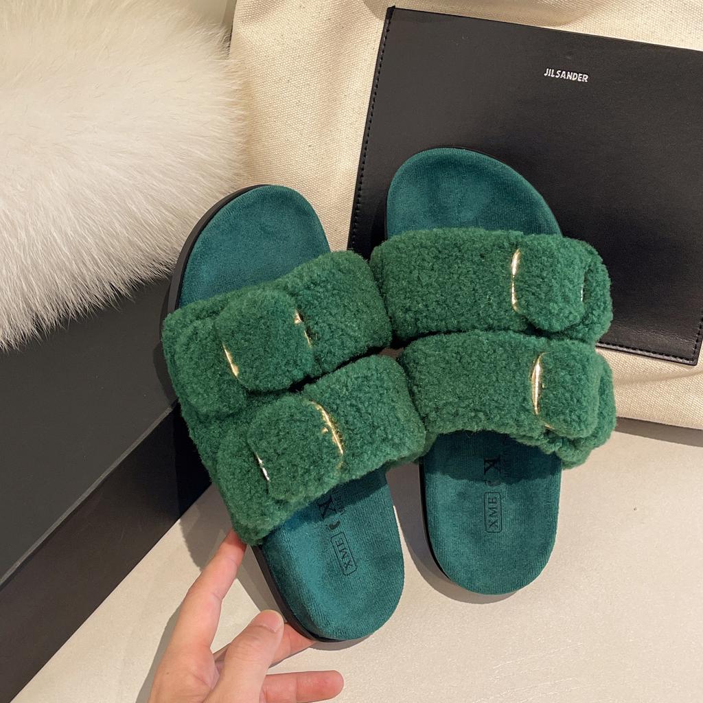 Double-button Fluffy Slippers for Women's Autumn New Casual Thick-bottomed One-word Slippers for Open-toed Lazy Plush Slippers