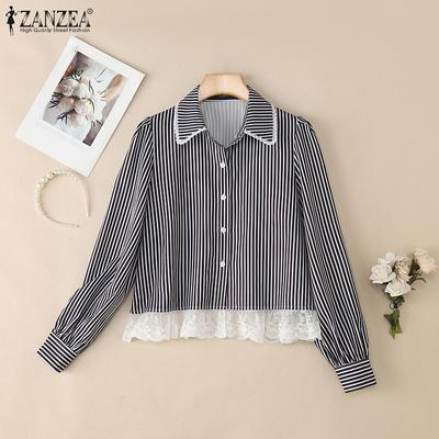 Women Casual Turn Down Collar Long Sleeve Lace Splice Stripe Blouse