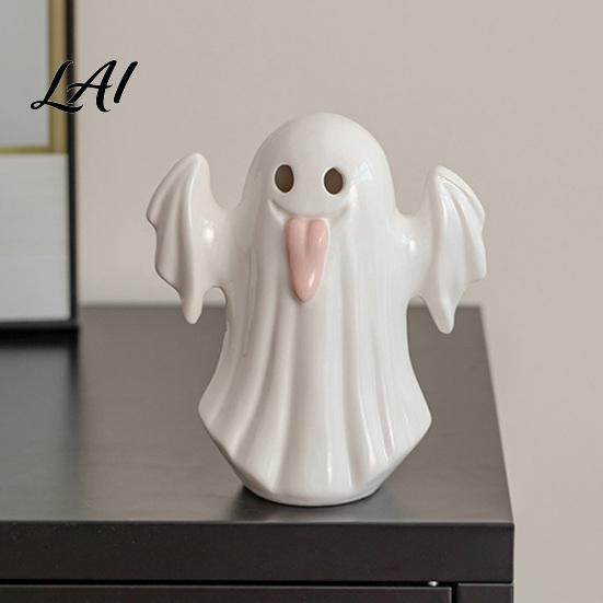 Small Ghost Figurine Vase Light Up Ceramic Figurines for Halloween Decor Cute White Statue Decorative Sculpture with Pink Tongue LED Night