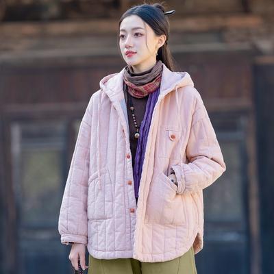 Casacos Femininos com Capuz de Cor Sólida com Botões Inverno Estilo Chinês Quente com Bolsos