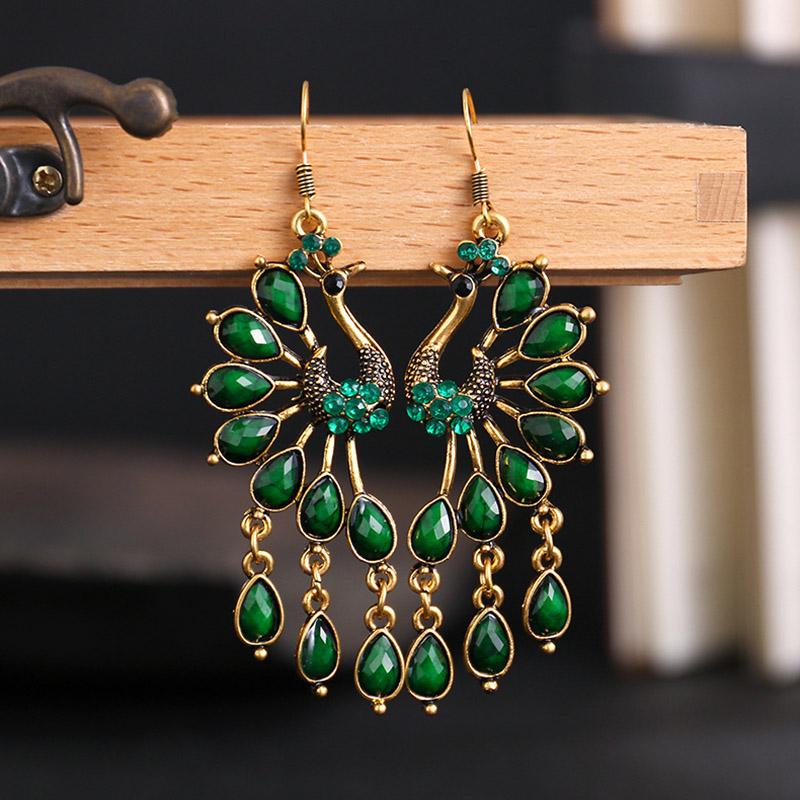 Ethnic Vintage Peacock Earrings for Women Creative Rhinestone Acrylic Antique Gold Color Animal Earring Party Vacation Jewelry