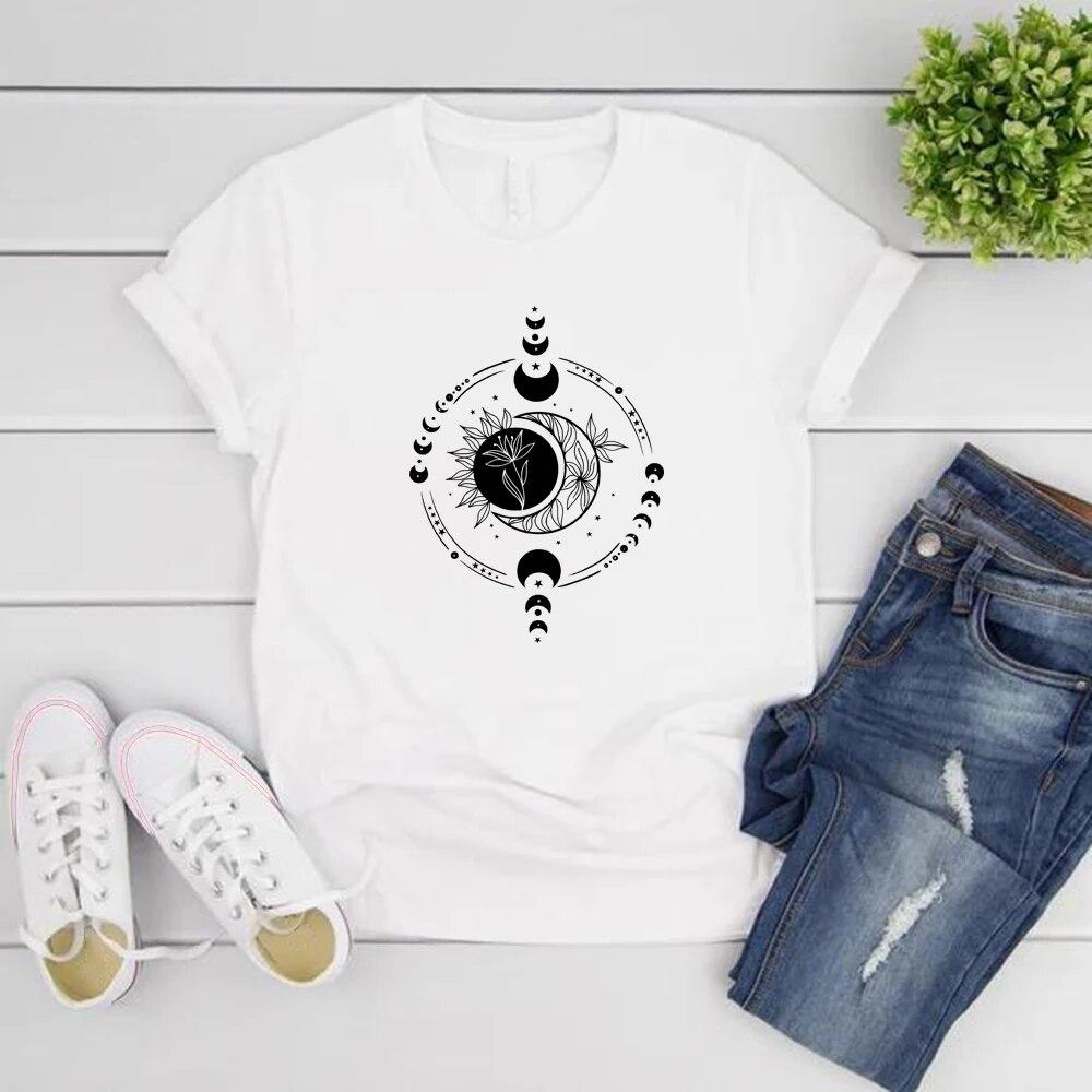 Mystischer Mond und Sonne T-Shirt Mystische Mondphase Shirt Damen T-Shirts Boho Vintage Mond T-Shirt Spirituelles T-Shirt Damen Kleidung