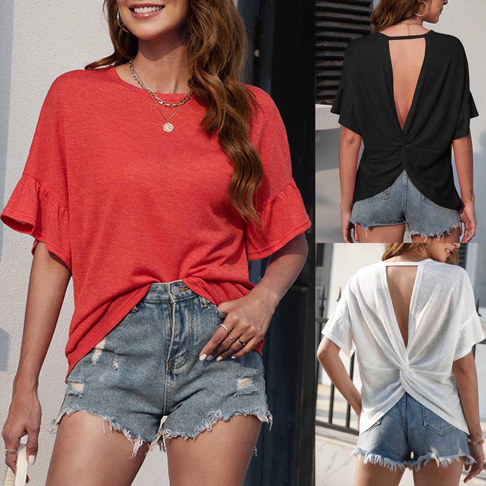 

Женщины Летняя футболка Crewneck Solid Color Backless Выдолбленные короткие рукава Свободный топ