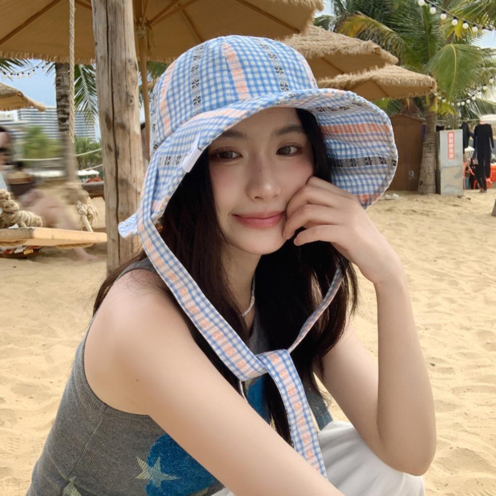 UV Protection Strappy Sun Hat Quick-dry Plaid Bucket Cap Fashion Seaside Fisherman Hat  Beach