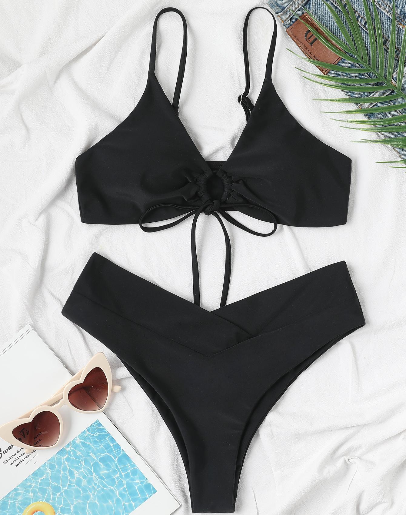 

Женский купальник, сплошной цвет, завязка спереди, сексуальные стринги бикини, бразильская пляжная одежда, купальные костюмы, 8 цветов XL чёрный