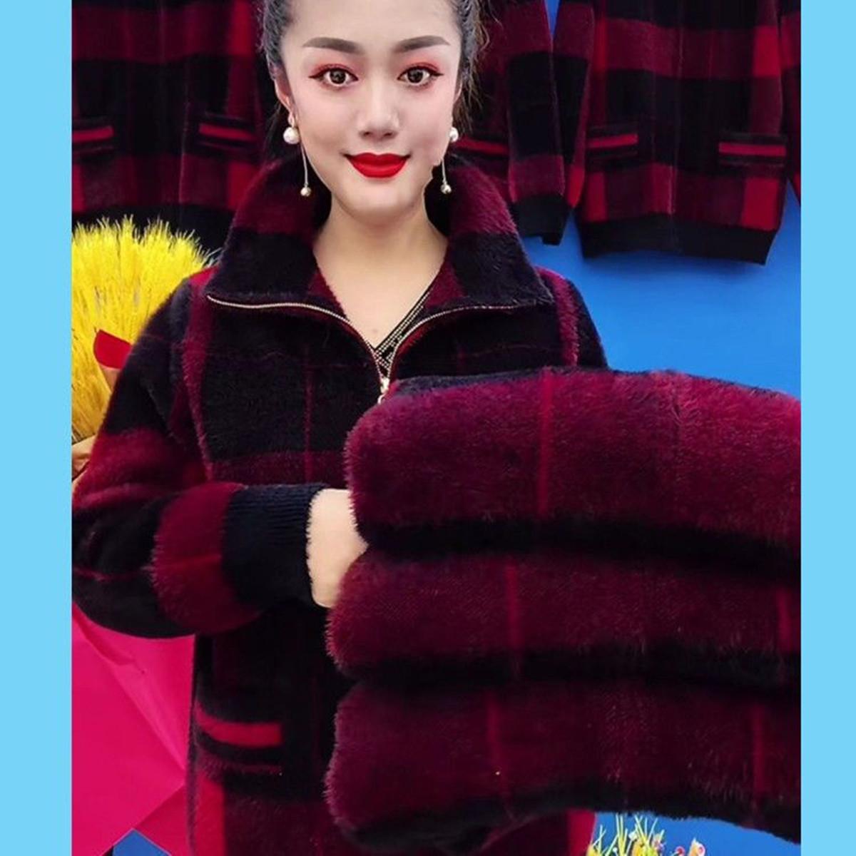 

6XL среднего возраста для женщин пожилого возраста, зимний золотой норковый кашемировый свитер, толстый короткий вязаный свитер, свободный клетчатый кардиган для мамы, куртка XXXXL