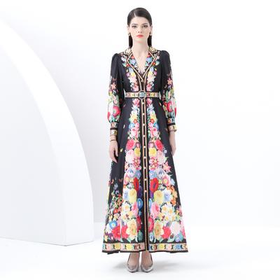 Spring Summer Women Retro Print Blazer Collar Single Breasted Ankle Length Holiday Beach Dresses with Belt