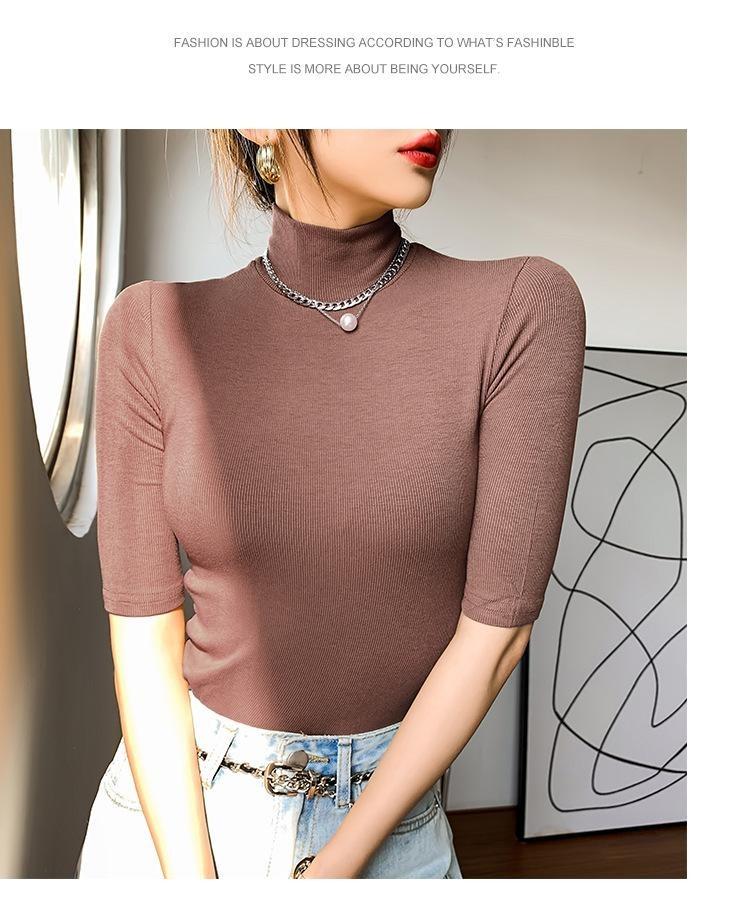 Elastic Slim Cotton Turtleneck T Shirts For Women Casual Short Sleeve Tee