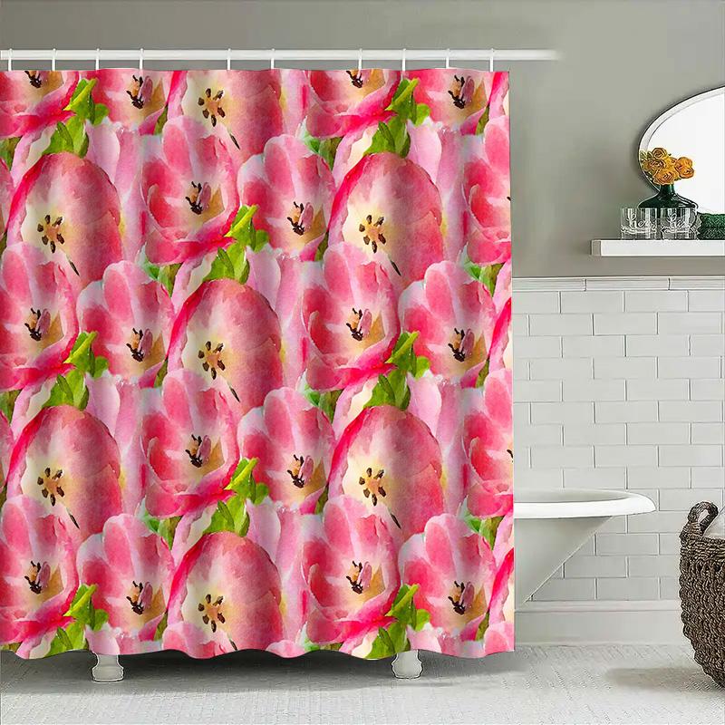 Trendy Watercolor Flower Shower Curtain Waterproof Bathroom Decor Customizable Size Pink Bloom 3D Printing Shower Curtains For H