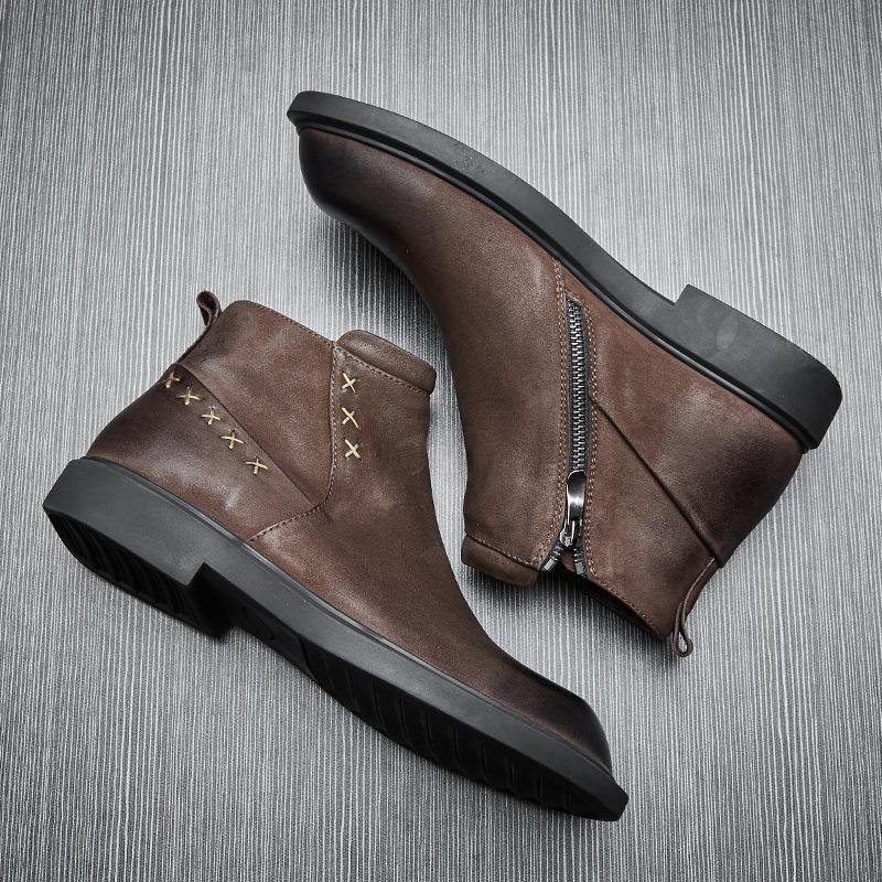 Casual Chelsea Boots Men'S Medium Help Tooling Short Boots British Retro Leather Martin Boots Versatile Cowhide Boots Men'S