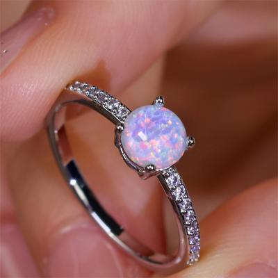 Silver Color Round Shiny Opal Finger Ring for Women Exquisite Charm Female Jewelry Fashion Accessories