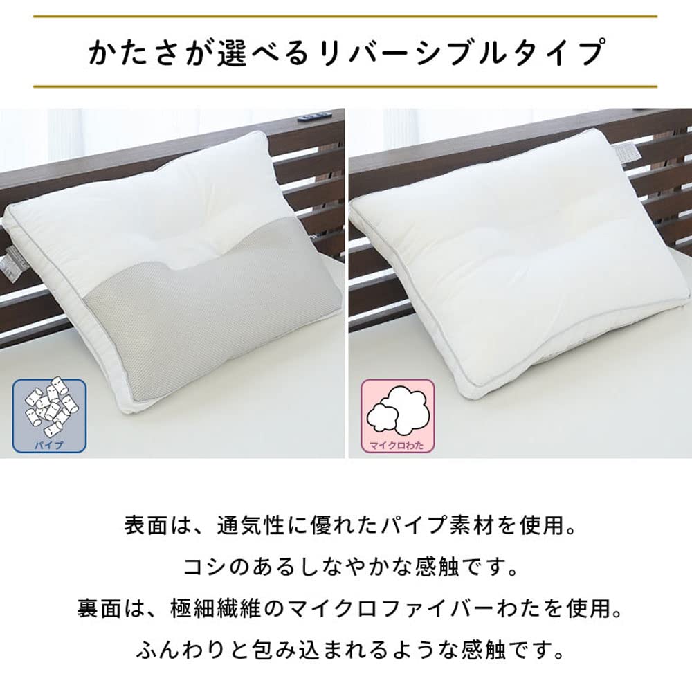 Hotel-Style Pillow Plus, Reversible with Selectable Firmness, 40x60x4cm (Equivalent To 43x63cm), Reversible, Concave-Shaped Pillow with Pipe Fill,