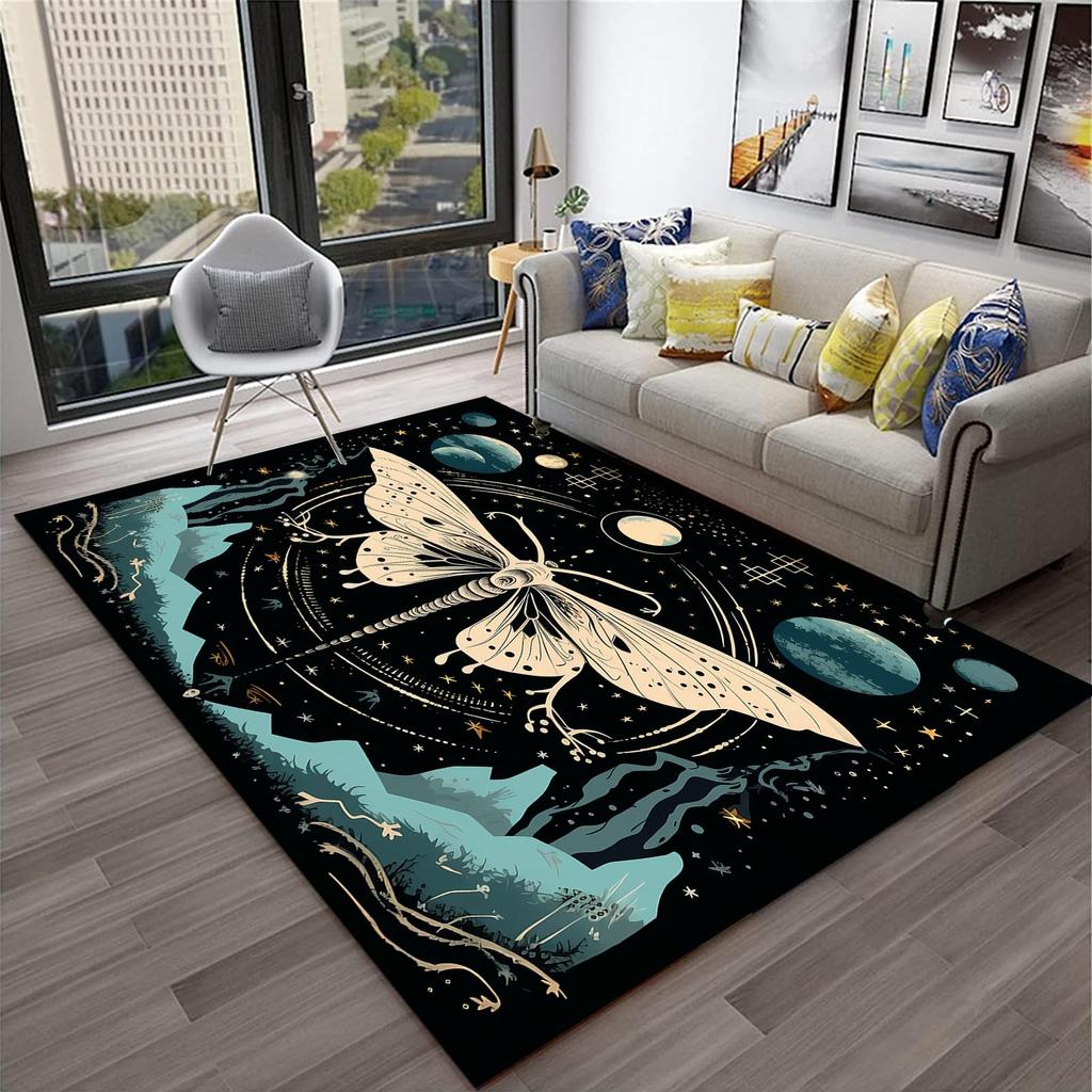 Butterfly Area Rug for Living Room Bedside, Gothic Moth Doormat Astrology Style Carpet Boho Exotic Starry Sky Indoor Floor Mat