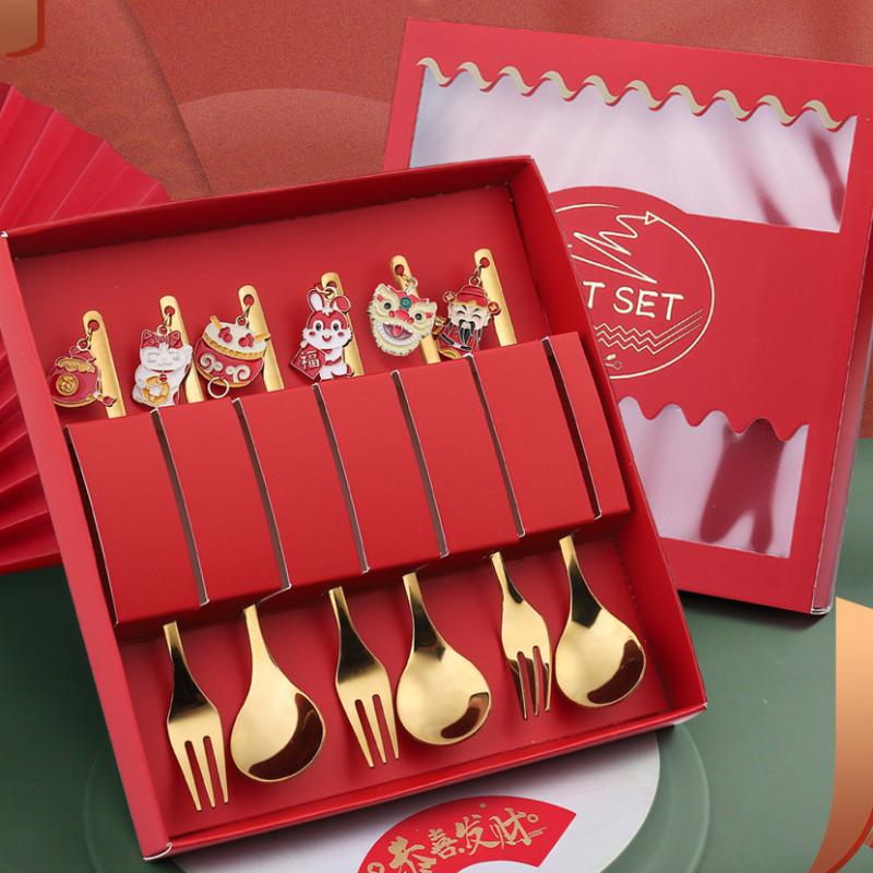HANYANG Set de tacâmuri cu lingură cadou de Anul Nou Linguriță de cafea Furculiță cu fructe Set lingură mică