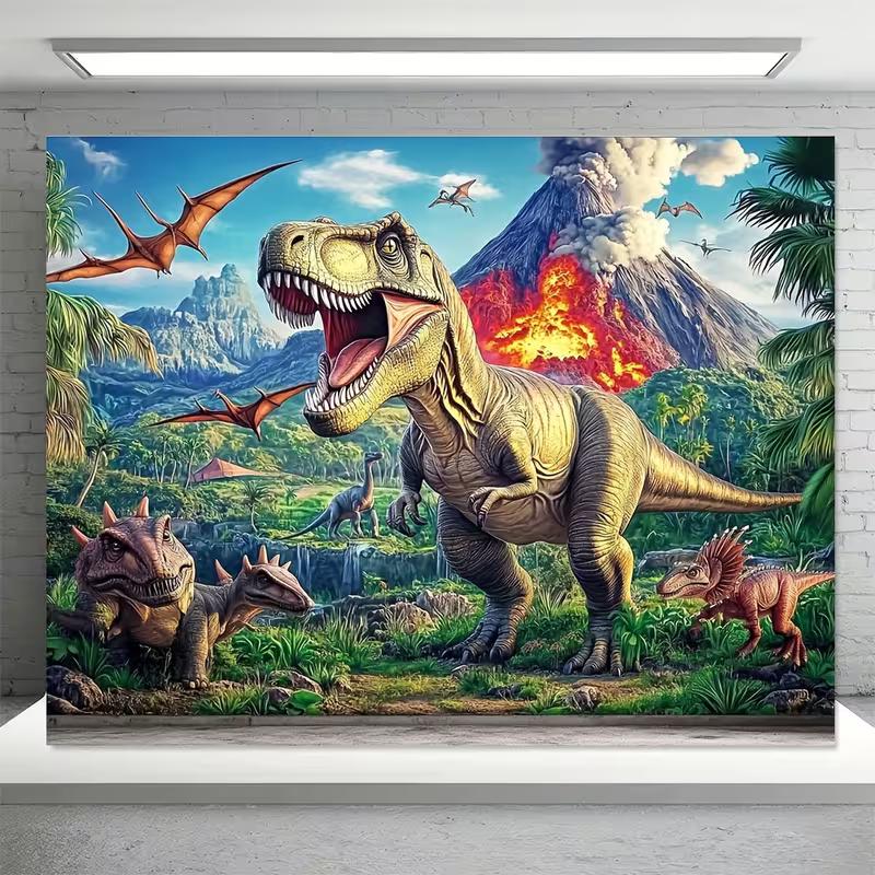 Vulkan T-Rex Dinosaurier Wandteppich, Jurassische Dschungellandschaft Wanddekoration für Jungenzimmer & Thematische Geburtstagsparty