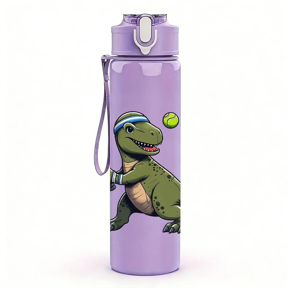 1PC Dinosaur Playing Tennis Funny Print 750ml Color Plastic Sports Water Bottle Leakproof Flip Straw Lid Suitable for Sports Office Home Use