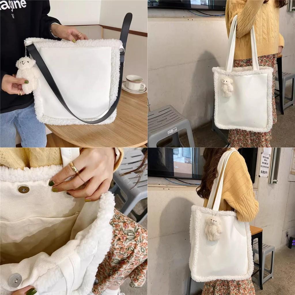 Vintage White Lambswool Tote Bag For Women With Stylish Design Perfect For Work And Casual Use
