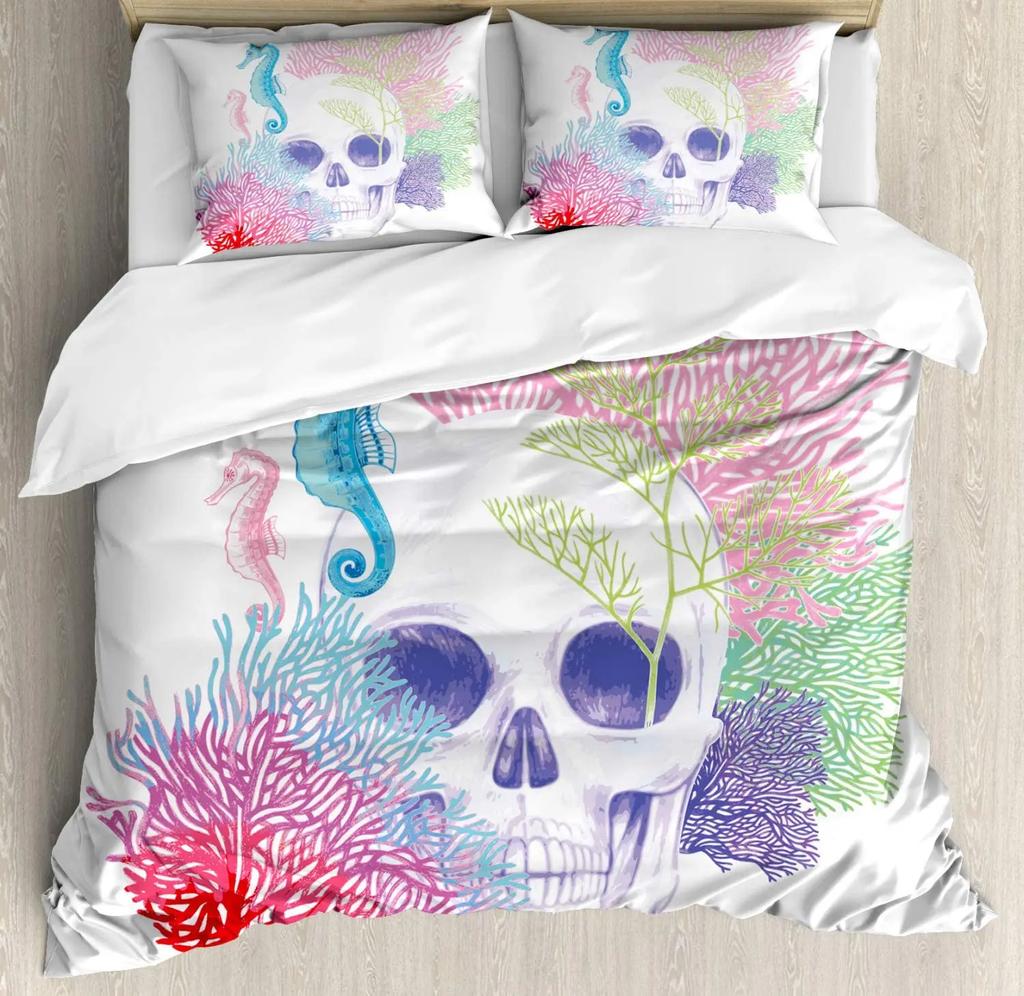 Animal Duvet Cover Set, Halloween Skull Skeleton Head With Coral Reef Dead Aquarium Pirate Wildlife Image,3 Piece Bedding Set