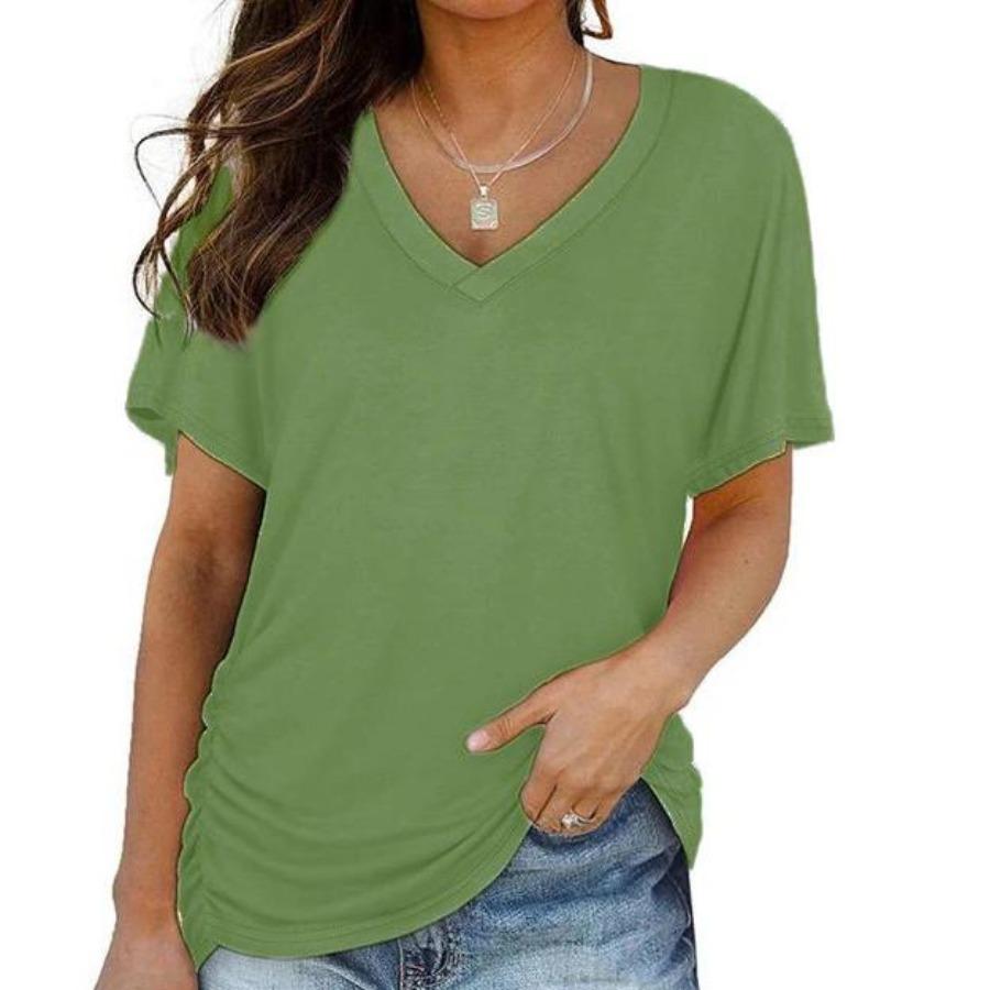 Topuri de vară cu decolteu în V Top lejer Culoare uni Tricou casual cu mânecă scurtă Îmbrăcăminte pentru femei