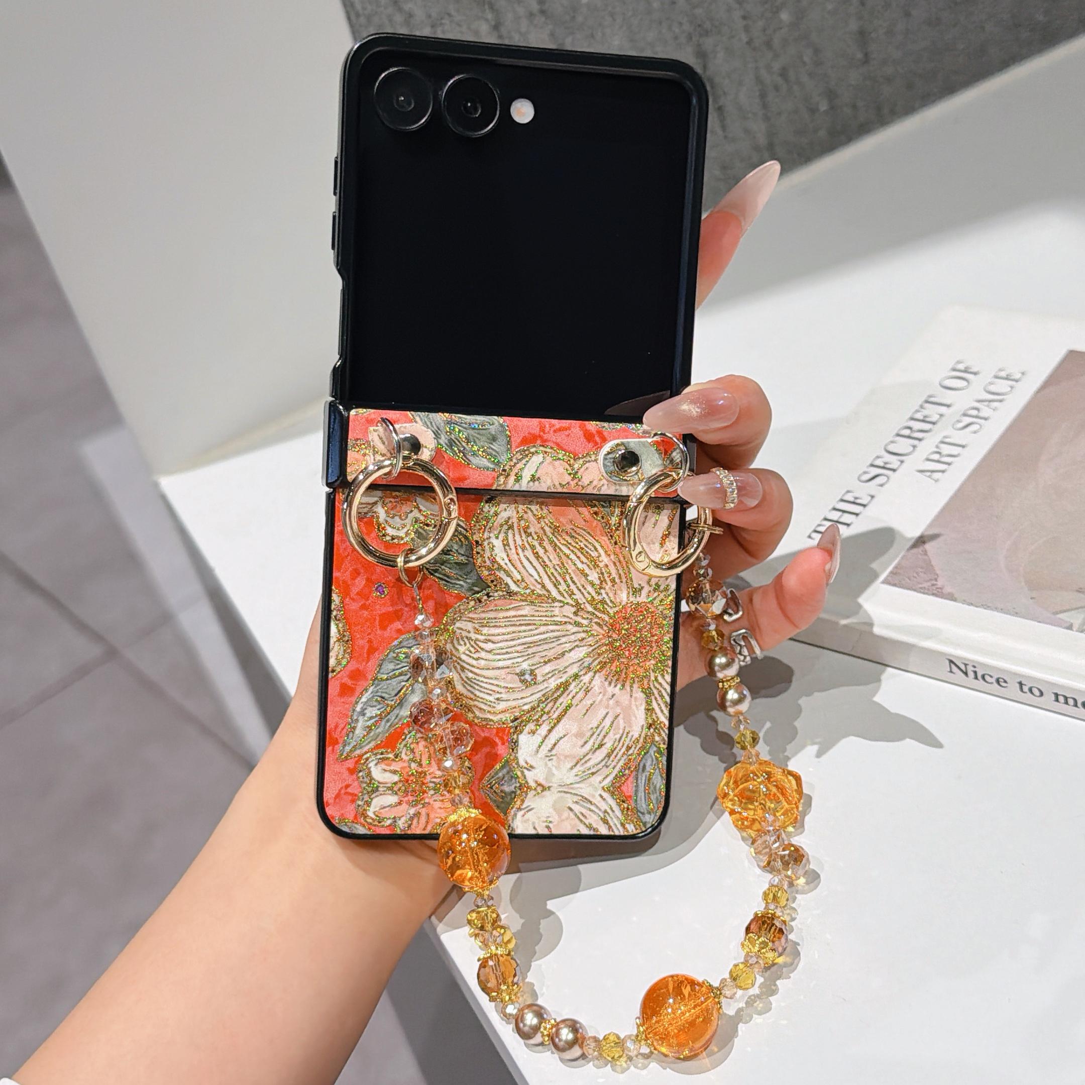 

Hinge Protection PU Leather Cover & Colored Beads Wrist Chain Strap for Samsung Galaxy Z Flip 7 FE 6 5 4 3 Phone Case Galaxy Z Flip7 помаранчевий