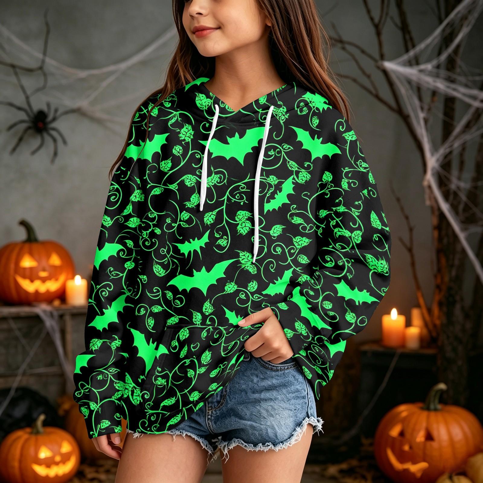 Kids Casual Hooded Sweatshirt with Halloween Print Pullover for Daily Wear 90