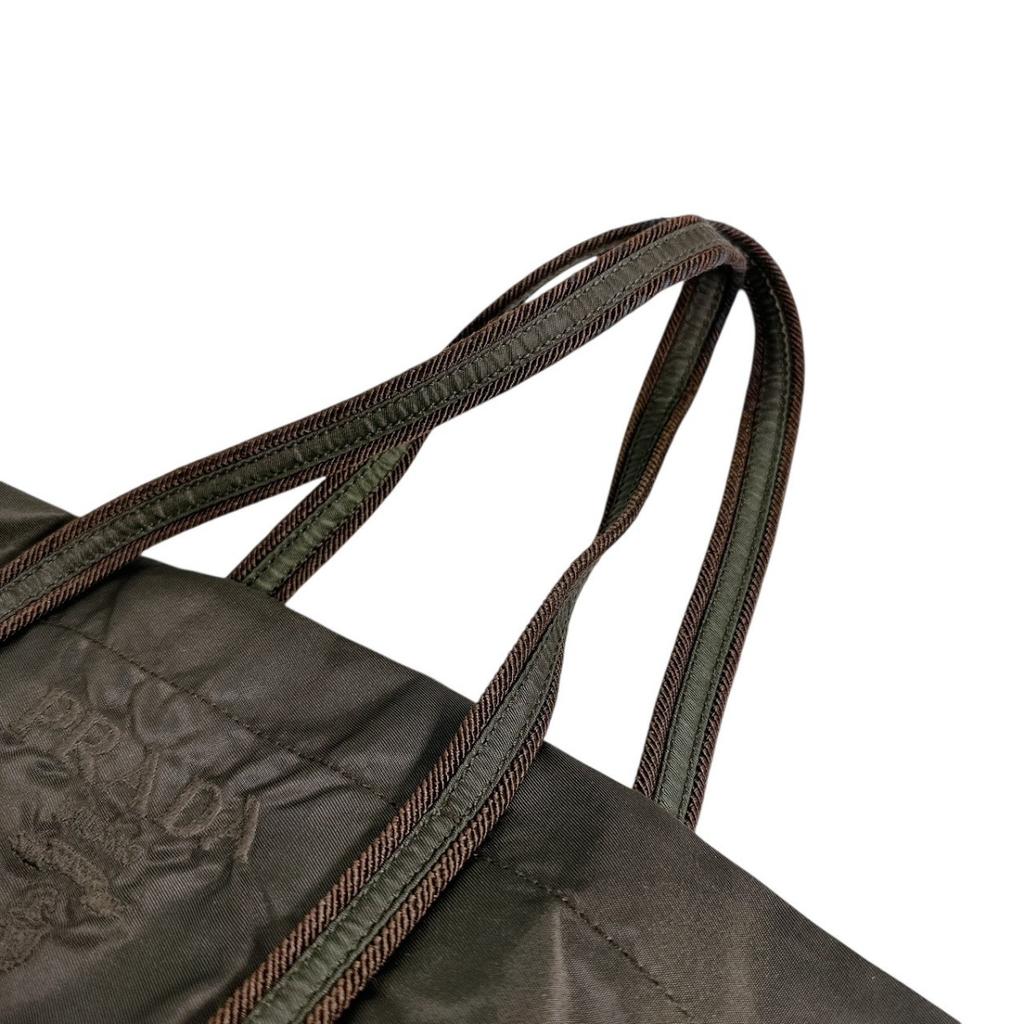 PRADA Logo embroidery Tote Bag Nylon khaki Women BR0977 Used
