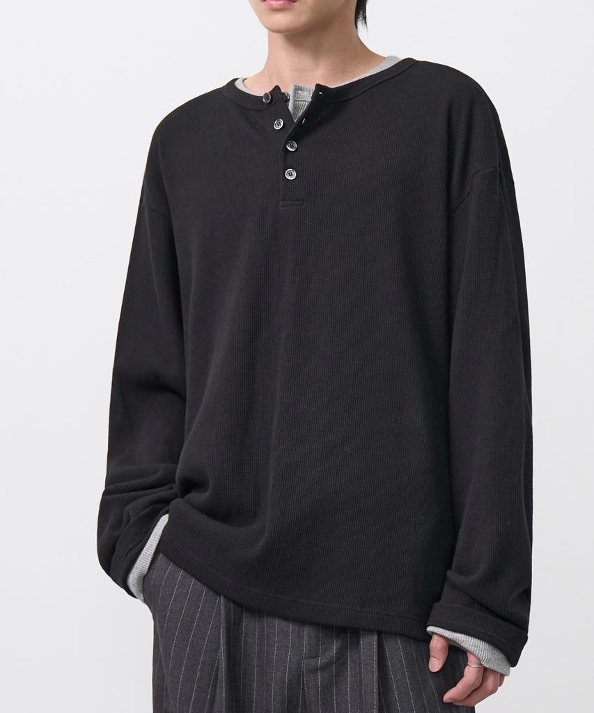 EXCONTAINER Henley Neck Waffle Long Sleeve (Black)