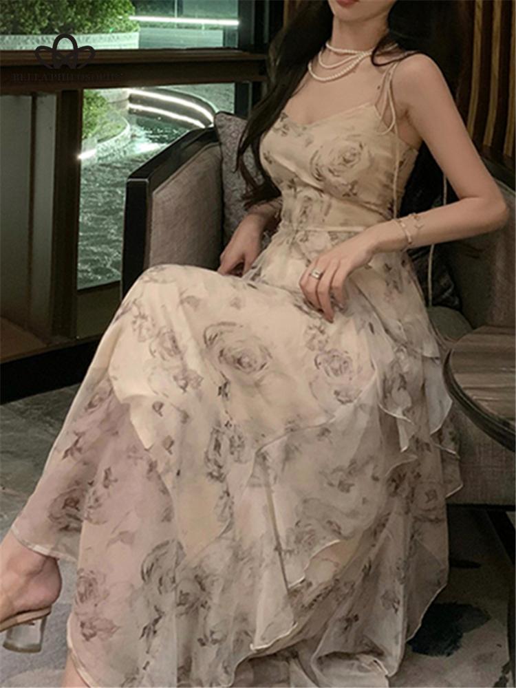 Spaghetti Strap Ruffles Dress Summer Women Fashion Elegant Midi Print Vintage Dresses Female Evening Clothes Vestdios