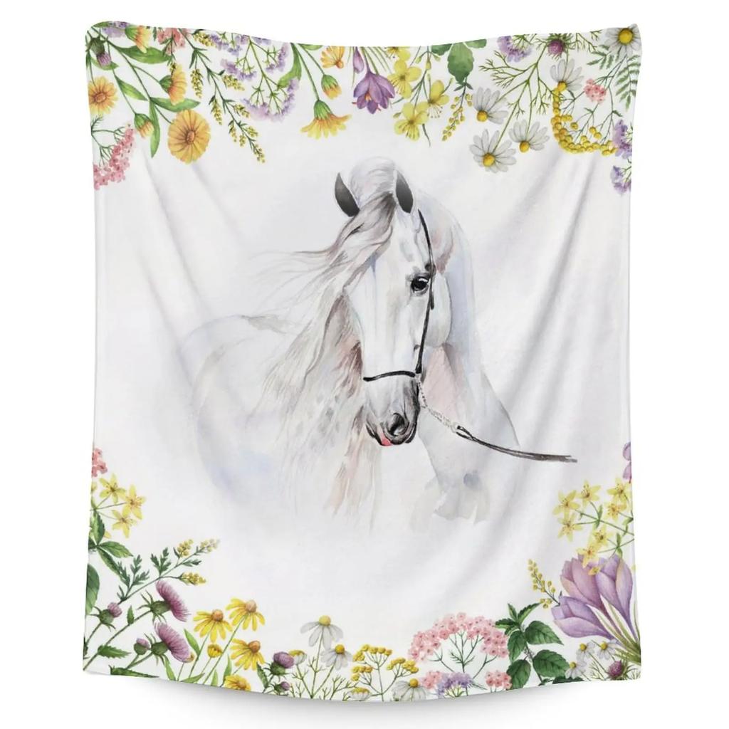 Girls Horse Blanket Beautiful Animal Horse with Wreath Throw Blanket, Ultra Soft Warm Sofa Bedding Living Room Flannel Blankets