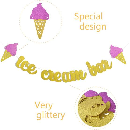 Gold Glittery Ice Cream Bar Sign Banner and Pink, Blue, Gold Heart Paper Garland for Birthday, Summer Theme Party, Baby Shower, Wedding Decorations -