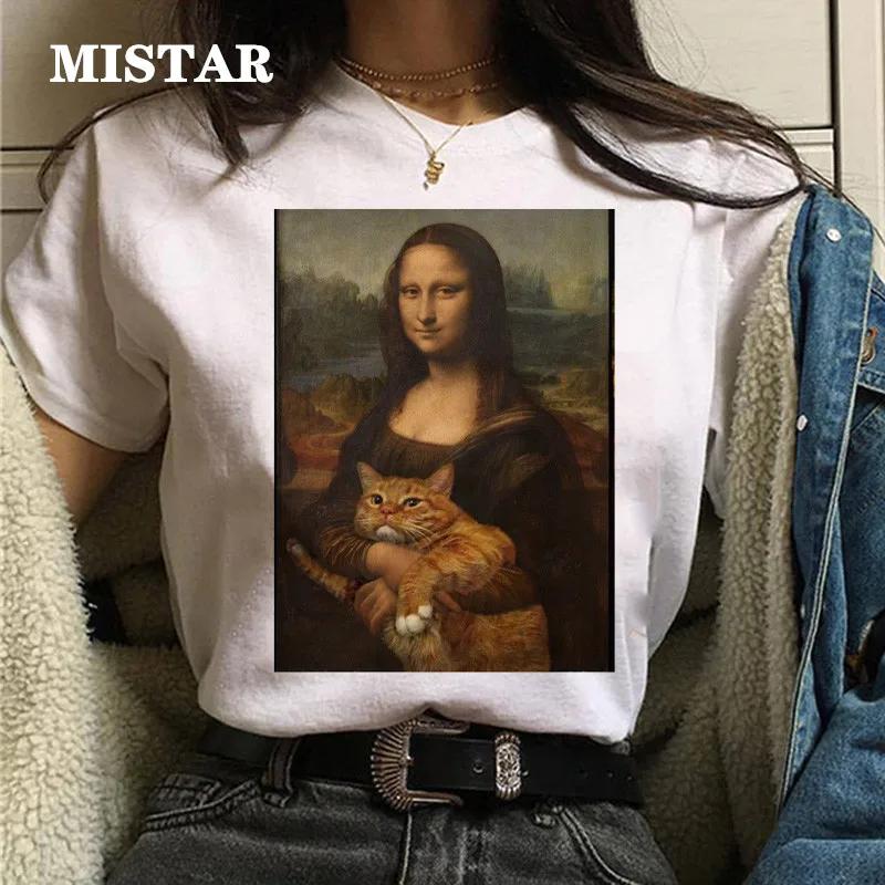 T-shirts Women Cat Oil Painting Printed Funny Graphic Tee Shirt Summer Short Sleeve Casual White Tops Harajuku Clothing